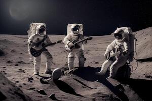 generativ ai Illustration von ein Trio von Astronauten Herstellung Musik- auf das Mond- Oberfläche foto