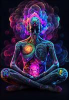 generativ ai Illustration von höher, Yoga entspannen Ausruhen aus dmt Visionen Geist. 7 farbig Chakren Meditation dmt Halluzinationen. Multiversum in Verbindung gebracht durch ein nervös System - - trippy psychedelisch foto