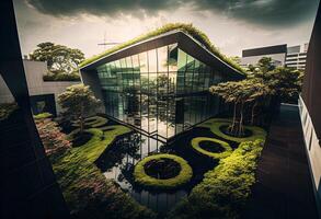 generativ ai Illustration von Herrlich Garten auf das Dach von ein zeitgenössisch Glas Büro Gebäude im Asien foto