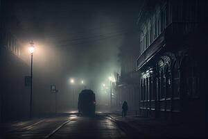 generativ ai Illustration von dunkel düster leeren Straße mit Rauch, Smog foto