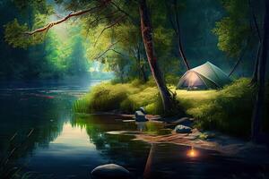 generativ ai Illustration von Camping im Natur im das Wald auf das Banken von das Fluss foto