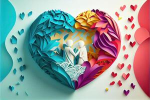 generativ ai Illustration von Origami Valentinstag Tag Hintergrund, glücklich Paar, bunt. Papier Schnitt Handwerk, 3d Papier Stil. neural Netzwerk generiert Kunst. digital generiert Bild foto