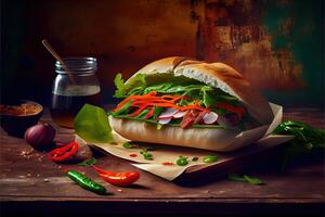 generativ ai Illustration von Banh mi Vietnam brot, Essen, Studio, asiatisch, Vietnamesisch Sandwich , Vietnamesisch Essen, Kopieren Raum foto