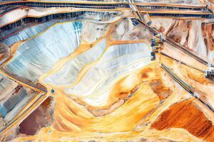 generativ ai Illustration von ein Antenne Panorama von ein Anthrazit Kohle Mine, präsentieren ein groß Gelb Bergbau LKW Sammeln Felsen im ein öffnen Grube Bergwerk foto