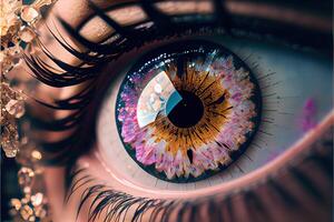 generativ ai Illustration von Makro Fotografie Schuss von realistisch weiblich Augen mit Rosa Iris Das sieht aus mögen ein römisch Ziffer analog Uhr, Zeit im Augen, Opaleszenz und glänzend, zerschlagen Glas Kristalle foto