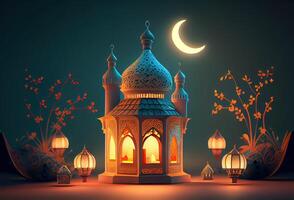 generativ ai Illustration von islamisch Urlaub. Ramadan Nacht. Moschee und Laterne angezeigt auf Stufen mit glühend Licht im das Abend. Hintergrund und Banner Hintergrund. foto