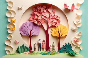 generativ ai Illustration von Origami Frühling Hintergrund, froh Alten, glücklich Familie mit Elternteil, bunt. Papier Schnitt Handwerk, 3d Papier Illustration Stil, Pop Farbe. neural Netzwerk generiert Kunst. foto