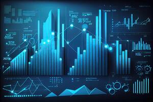 generativ ai Illustration von finanziell Diagramme, futuristisch, Silhouette Krypto Währung Markt, isometrisch, Blau Hintergrund foto