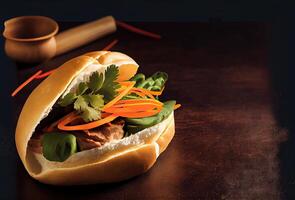 generativ ai Illustration von Banh mi Vietnam brot, Essen, Studio, asiatisch, Vietnamesisch Sandwich , Vietnamesisch Essen, Kopieren Raum foto