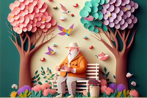 generativ ai Illustration von Origami Frühling Hintergrund, froh Alten, glücklich Familie mit Elternteil, bunt. Papier Schnitt Handwerk, 3d Papier Illustration Stil, Pop Farbe. neural Netzwerk generiert Kunst. foto