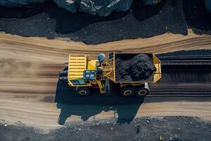 generativ ai Illustration von ein Antenne Panorama von ein Anthrazit Kohle Mine, präsentieren ein groß Gelb Bergbau LKW Sammeln Felsen im ein öffnen Grube Bergwerk foto