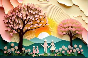 generativ ai Illustration von Origami Frühling Hintergrund, froh Alten, glücklich Familie mit Elternteil, bunt. Papier Schnitt Handwerk, 3d Papier Illustration Stil, Pop Farbe. neural Netzwerk generiert Kunst. foto