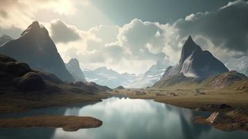Fantasie Felsen Berg See und Fluss im Konzept nordisch Mythologie, generieren ai foto