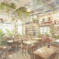 Licht Aquarell, Innere von ein gemütlich Cafe auf Weiß Hintergrund, generieren ai foto