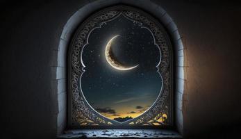 mystisch Fenster mit Halbmond Mond im Nacht Himmel, islamisch Gruß eid Mubarak zum Muslim Feiertage. eid-ul-adha Festival Feier. Arabisch Ramadan karem, generieren ai foto