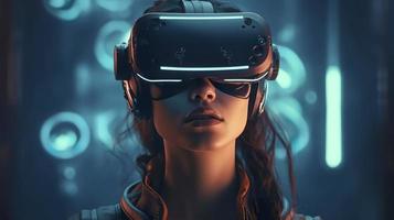 Foto Porträt Cyberpunk Frau auf das isoliert verschwommen Hintergrund Cyborg Charakter tragen virtuell Wirklichkeit Brille, erzeugen ai