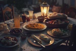 Ramadan iftar Essen, iftar Mahlzeiten und Versammlungen, Ramadan iftar eid. Muslim Familie hat Abendessen beim heim. Tabelle mit traditionell Lebensmittel. eid al-fitr Feierlichkeiten, generieren ai foto