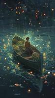 ein Person im ein Boot ist schwebend im das Ozean mit Blumen und Sterne, im das Stil von Anime, erzeugen ai foto