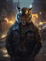 ein mollig aber stark Tiger Leben im das Cyberpunk Stadt, Tiger Kopf, tragen ein groß Leder Jacke, chillen, voll Körper, mürrisch Gesicht, realistisch Öl malen, erzeugen ai foto