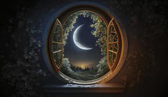 mystisch Fenster mit Halbmond Mond im Nacht Himmel, islamisch Gruß eid Mubarak zum Muslim Feiertage. eid-ul-adha Festival Feier. Arabisch Ramadan karem, generieren ai foto