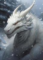 ein Weiß Drachen Gehen im das Schnee, im das Stil von jenseitig Illustrationen, riesig Skala, unheimlich realistisch, Anime-inspiriert Figuren, Wetterkern, rätselhaft Porträts, stachelig Hügel, erzeugen ai foto