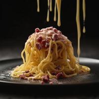 molekular Gastronomie inspiriert rekonstruiert Spaghetti Carbonara, modern Kunst äußerst detailliert Ring Essen molekular Gastronomie Spaghetti Carbonara Kunst, erzeugen ai foto
