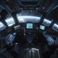 ein leeren Raumschiff Cockpit mit detailliert Kontrollen und ein großartig Aussicht in Raum. hoch Auflösung, realistisch, 8 Tausend, erzeugen ai foto