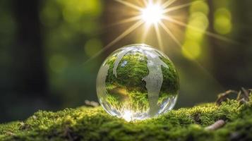 Foto Sonnenlicht mit Erde Kugel Kristall oder nachhaltig Globus Glas auf Grün Moos Natur Hintergrund im Ökologie Umgebung Wald Konzept von Baum Erhaltung Umwelt Planet Öko, erzeugen ai