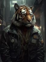 ein mollig aber stark Tiger Leben im das Cyberpunk Stadt, Tiger Kopf, tragen ein groß Leder Jacke, chillen, voll Körper, mürrisch Gesicht, realistisch Öl malen, erzeugen ai foto
