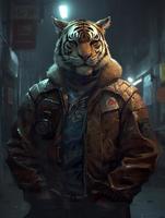 ein mollig aber stark Tiger Leben im das Cyberpunk Stadt, Tiger Kopf, tragen ein groß Leder Jacke, chillen, voll Körper, mürrisch Gesicht, realistisch Öl malen, erzeugen ai foto