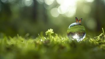 Konzept speichern das Welt speichern Umgebung das Welt ist im das Gras von das Grün Bokeh Hintergrund, erzeugen ai foto