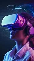 Porträt im VR-Headset isoliert auf Gradient Studio Hintergrund im Neon- Licht. schön Modell. Konzept von Mensch Emotionen, Gesichts- Ausdruck, Verkauf, Anzeige, Aufnahme, Technik, erzeugen ai foto