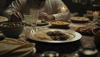 Ramadan iftar Essen, iftar Mahlzeiten und Versammlungen, Ramadan iftar eid. Muslim Familie hat Abendessen beim heim. Tabelle mit traditionell Lebensmittel. eid al-fitr Feierlichkeiten, generieren ai foto