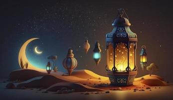 Arabien Sahara Laterne und Mond Konfiguration zum Gruß Ramadan oder eid Mubarak Karten, generieren ai foto