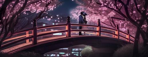 Liebe Paar auf Brücke im Nacht Park mit Sakura, erzeugen ai foto