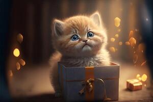 weiß Rot Kätzchen sitzt im ein Neu Jahre Geschenk Box mit ein golden Bogen. festlich Illustration im warm Farben. ai generiert. foto