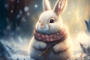 ein süß Weiß Hase im ein rot Schal mit ein Weihnachten Baum Ast auf ein schneebedeckt Hintergrund und ein Platz zum ein Inschrift. generiert durch ai. foto