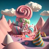 Süss Land Spiel hintergrund.karamell Haus auf das Hintergrund von ein Berg von marshmallows.candyland. ai generiert. foto