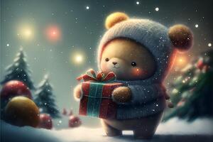 ein süß stilisiert Bär Jungtier im ein mit Kapuze Jacke hält ein Geschenk im es ist Pfoten auf ein schneebedeckt hintergrund.weihnachten Hand gezeichnet Kinder- illustration.ai generiert. foto