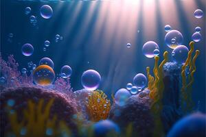 hell Blau unter Wasser Landschaft mit hell Sonne Strahlen Plankton Algen und Luft Blasen.unter Wasser Welt Karikatur illustration.ai generiert. foto