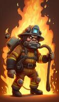 realistisch 3d Karikatur Illustration von ein Feuerwehrmann Kampf ein Feuer ,generativ ai foto