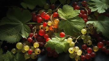 ein Bild von rot Johannisbeere Beeren und Gelb Blätter, im das Stil von Licht rot und Licht Smaragd, erzeugen ai foto