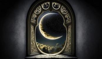 mystisch Fenster mit Halbmond Mond im Nacht Himmel, islamisch Gruß eid Mubarak zum Muslim Feiertage. eid-ul-adha Festival Feier. Arabisch Ramadan karem, generieren ai foto