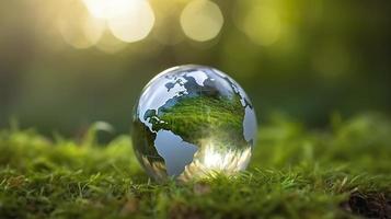 ein Glas Globus Konzept Tag Erde speichern das Welt speichern Umgebung das Welt ist im das Gras von das Grün Bokeh Hintergrund, erzeugen ai foto