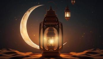 Arabien Sahara Laterne und Mond Konfiguration zum Gruß Ramadan oder eid Mubarak Karten, generieren ai foto