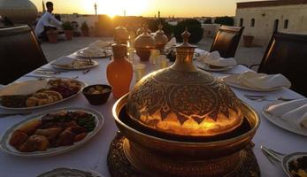 Ramadan iftar Essen, iftar Mahlzeiten und Versammlungen, Ramadan iftar eid. Muslim Familie hat Abendessen beim heim. Tabelle mit traditionell Lebensmittel. eid al-fitr Feierlichkeiten, generieren ai foto