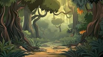 Urwald mit Bäume Szene im ein Karikatur Thema, erzeugen ai foto
