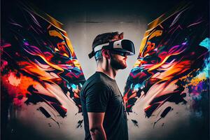 Metaverse Konzept und virtuell Welt Elemente. virtuell Wirklichkeit Headset generiert ai foto