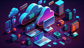 Wolke Technologie Computing Geräte in Verbindung gebracht zu Digital Lager im das Daten Center über das Internet iot Clever Zuhause Kommunikation Laptop Tablette Telefon Geräte Geschäftsmann mit Technologie generiert ai foto