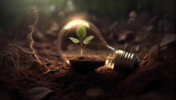Grün Energie und ein hell Zukunft ein Licht Birne im Boden generiert ai foto